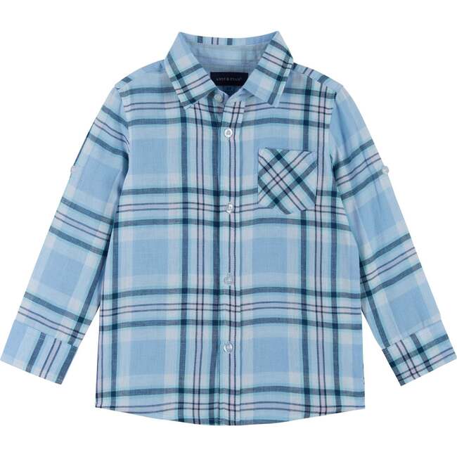 Long Sleeve Plaid Two-Fer Button-Up Shirt, Blue