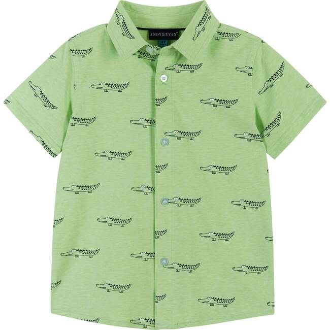 Fun Print Knit Button-Up Shirt, Green