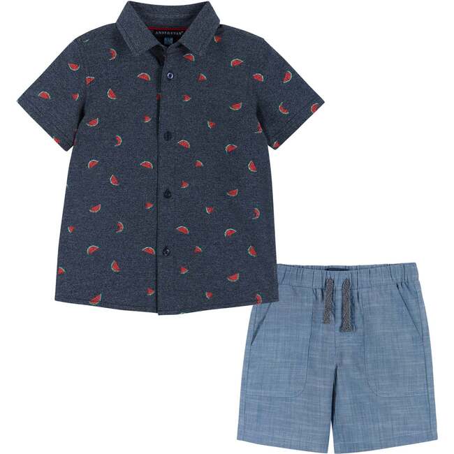 Fun Print Knit Button-Up Shirt And Short Set, Navy And Light Blue