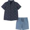 Fun Print Knit Button-Up Shirt And Short Set, Navy And Light Blue - Mixed Apparel Set - 1 - thumbnail