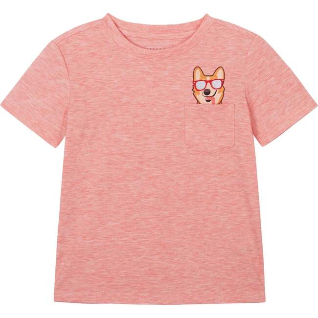 Fun Corgi Print Crew Neck Pocket Tee, Red - Tees - 1