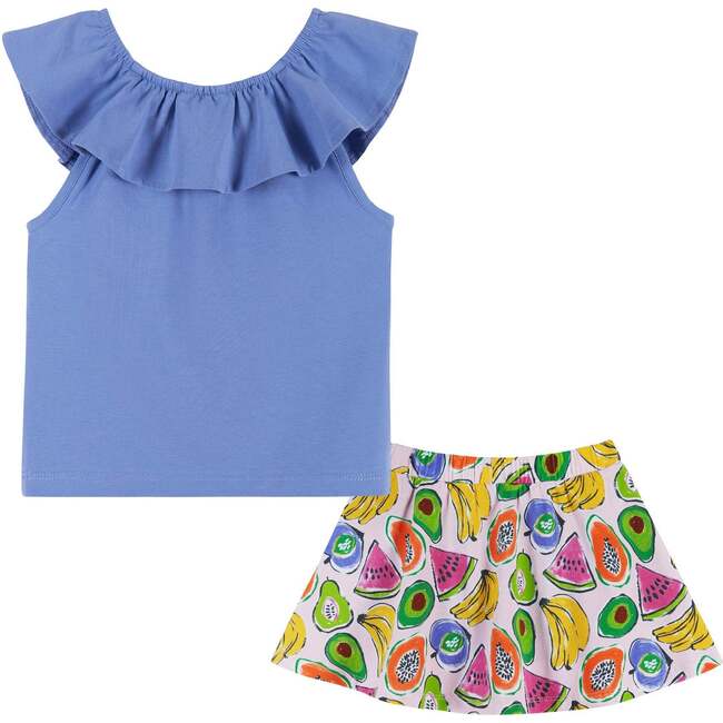Fun Fruit Print Skort And Flutter Neck Tank Top Set, Blue And Multicolors - Mixed Apparel Set - 2