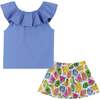 Fun Fruit Print Skort And Flutter Neck Tank Top Set, Blue And Multicolors - Mixed Apparel Set - 2