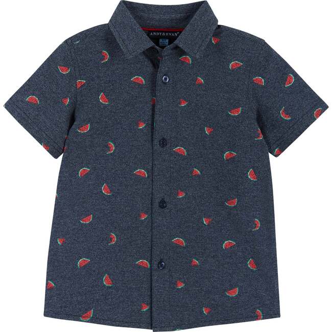 Fun Print Knit Button-Up Shirt And Short Set, Navy And Light Blue - Mixed Apparel Set - 2