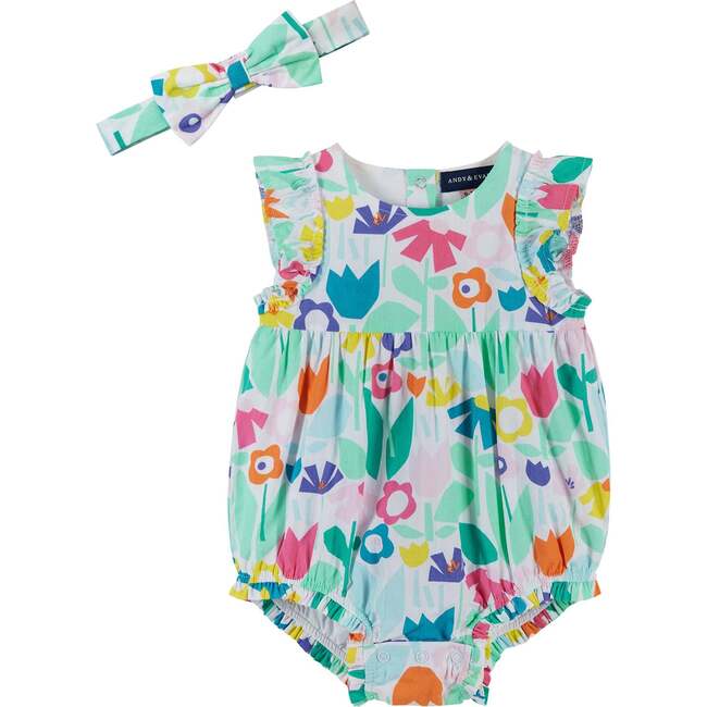 Floral Print Ruffled Sleeve Bubble, White