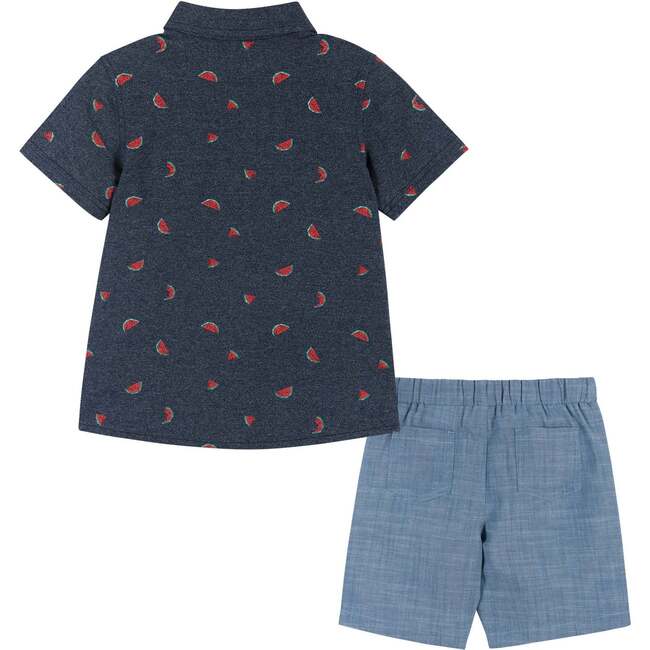 Fun Print Knit Button-Up Shirt And Short Set, Navy And Light Blue - Mixed Apparel Set - 4