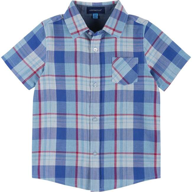 Baby Short Sleeve Plaid Button-Up Shirt, Blue - Shirts - 1