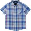 Baby Short Sleeve Plaid Button-Up Shirt, Blue - Shirts - 1 - thumbnail