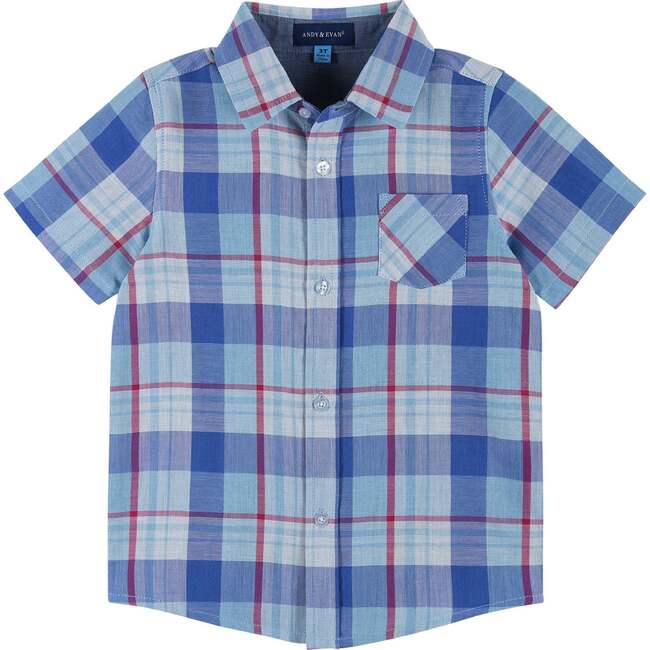 Short Sleeve Plaid Button-Up Shirt, Blue