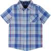 Short Sleeve Plaid Button-Up Shirt, Blue - Shirts - 1 - thumbnail