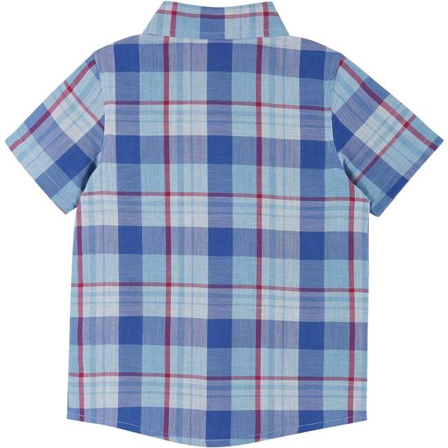 Baby Short Sleeve Plaid Button-Up Shirt, Blue - Shirts - 2