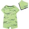Crocodile Print Large Hooded Romper And Bib Set, Green - Mixed Apparel Set - 1 - thumbnail