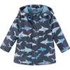 Shark Print Rain Hooded Coat, Blue - Jackets - 1 - thumbnail
