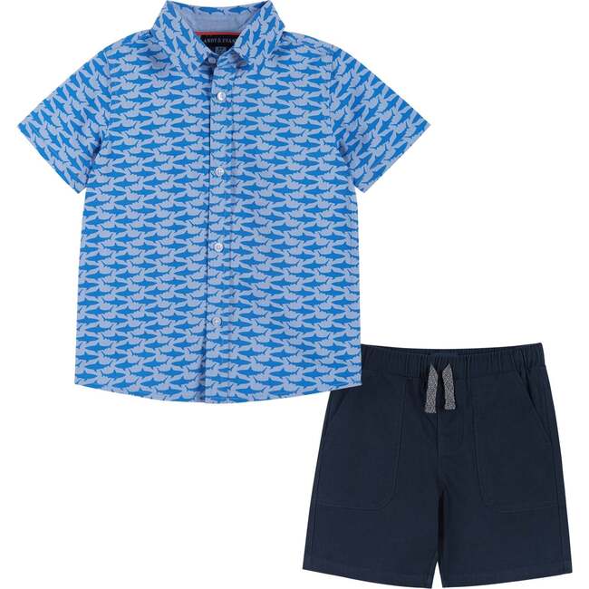 Shark Print Button-Up Shirt And Short Set, Blue And Navy