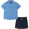 Shark Print Button-Up Shirt And Short Set, Blue And Navy - Mixed Apparel Set - 1 - thumbnail