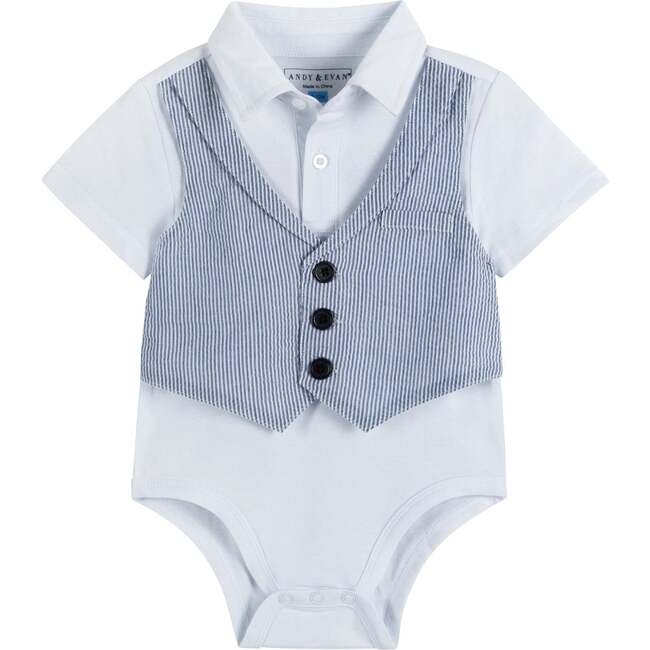 Seersucker Pin Stripe Playsuit Set, Blue And White - Mixed Apparel Set - 2