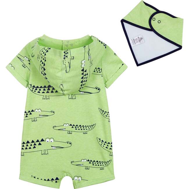 Crocodile Print Large Hooded Romper And Bib Set, Green - Mixed Apparel Set - 2
