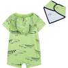 Crocodile Print Large Hooded Romper And Bib Set, Green - Mixed Apparel Set - 2