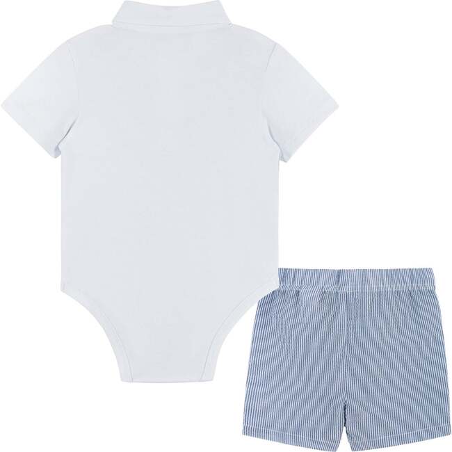 Seersucker Pin Stripe Playsuit Set, Blue And White - Mixed Apparel Set - 3