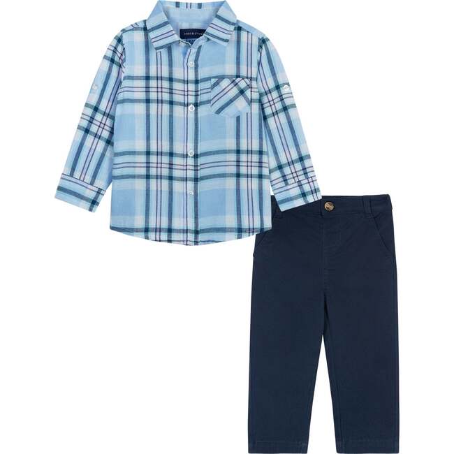Plaid Button-Up Shirt And Pant Set, Blue And Navy