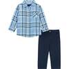 Plaid Button-Up Shirt And Pant Set, Blue And Navy - Mixed Apparel Set - 1 - thumbnail