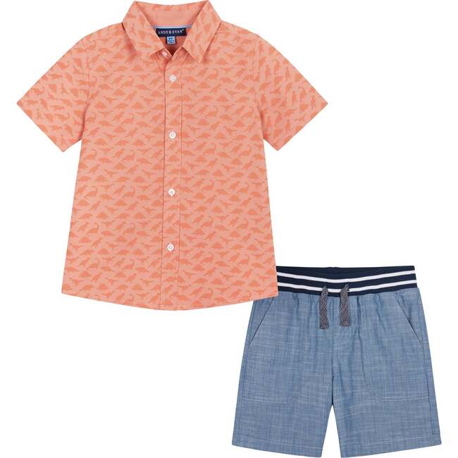 Baby Dino Print Button-Up Shirt And Short Set, Orange And Blue