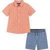 Baby Dino Print Button-Up Shirt And Short Set, Orange And Blue - Mixed Apparel Set - 1 - thumbnail