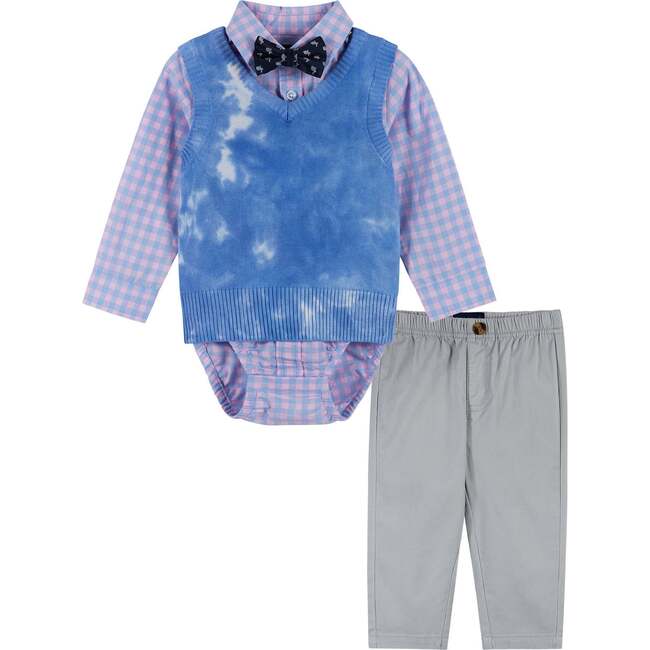 4-Piece Tie-Dye Plaid Vest And Pant Set, Blue