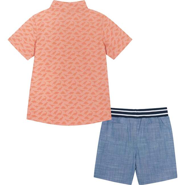 Baby Dino Print Button-Up Shirt And Short Set, Orange And Blue - Mixed Apparel Set - 4