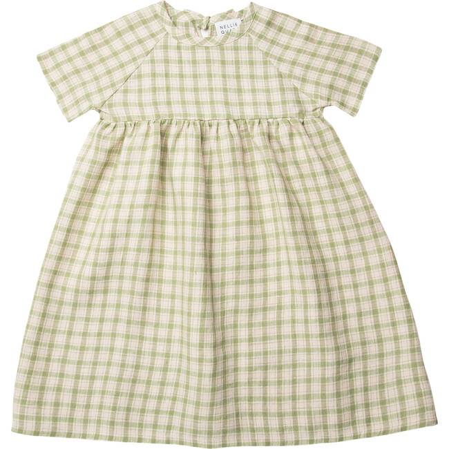 Hopscotch Linen Short Raglan Sleeve Check Dress, Oat And Olive