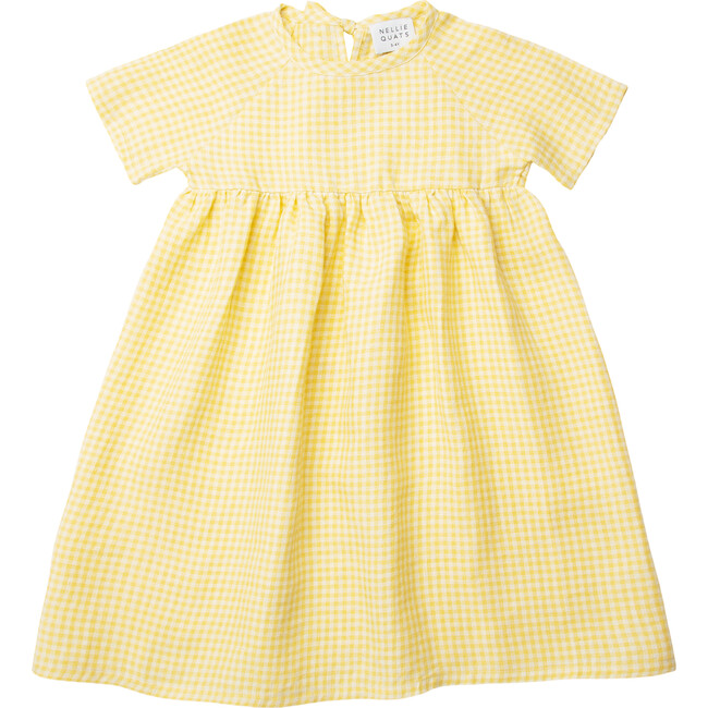 Hopscotch Linen Short Raglan Sleeve Check Dress, Lemon