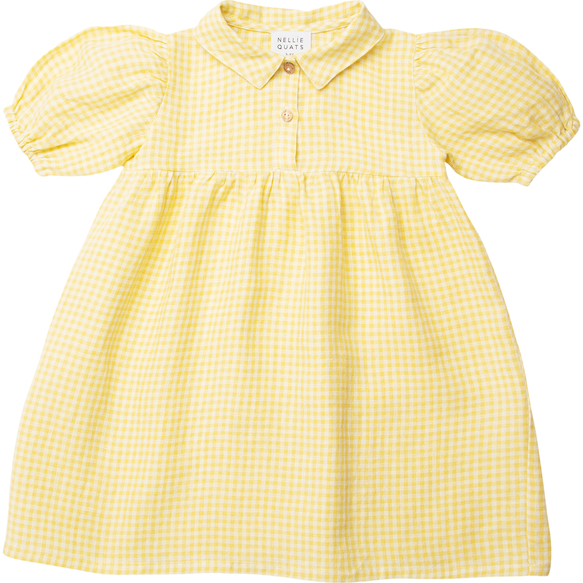 Duck Goose Linen Puff Sleeve Check Dress, Lemon - Dresses - 1