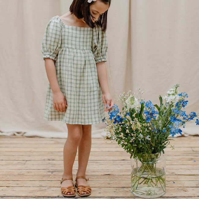 Marbles Check Linen Puffed Raglan Sleeve Dress, Oat And Olive - Dresses - 3