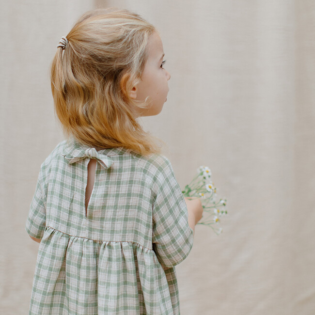 Hopscotch Linen Short Raglan Sleeve Check Dress, Oat And Olive - Dresses - 3