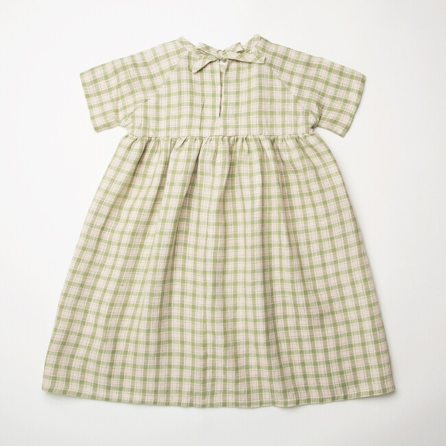 Hopscotch Linen Short Raglan Sleeve Check Dress, Oat And Olive - Dresses - 4