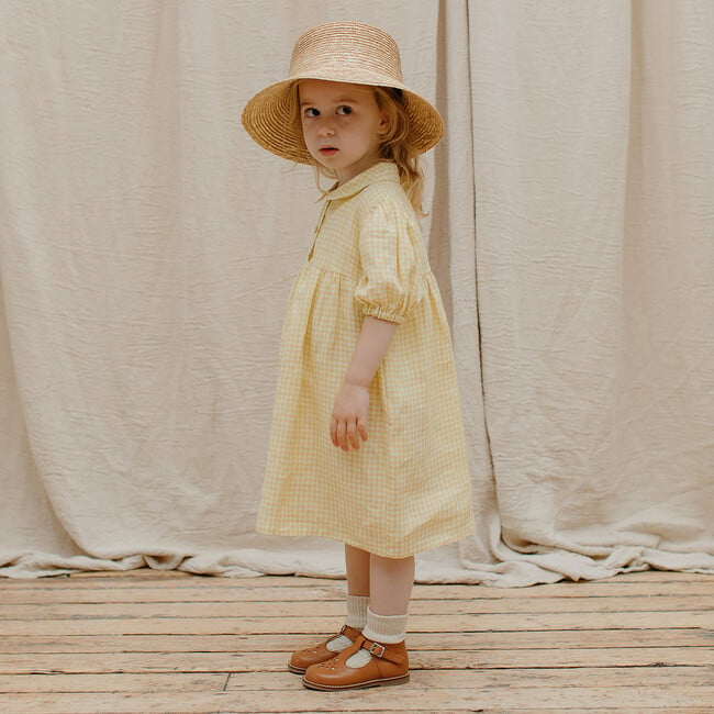 Duck Goose Linen Puff Sleeve Check Dress, Lemon - Dresses - 3