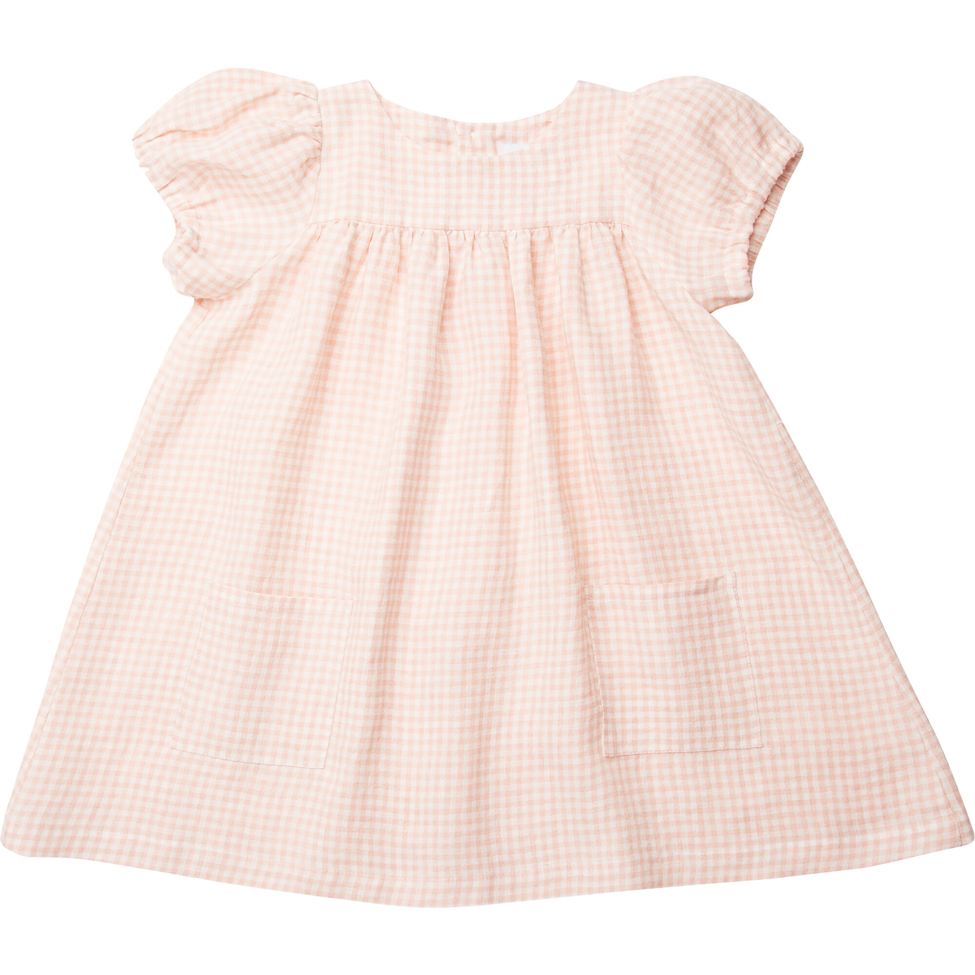 Cats Cradle Linen Short Puff Check Dress, Powder Pink - Dresses - 1