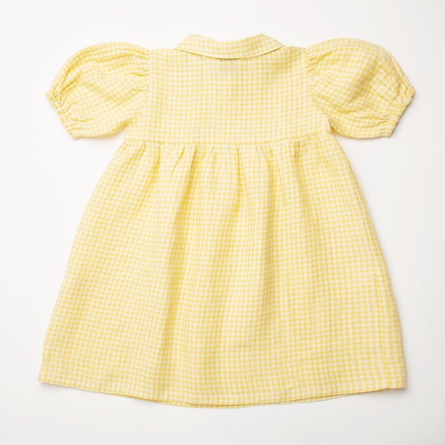 Duck Goose Linen Puff Sleeve Check Dress, Lemon - Dresses - 5