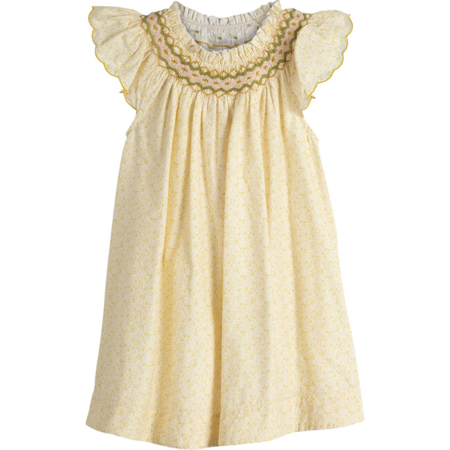 Daisy Ditsy Floral Scalloped Flutter Sleeve Dress, Daffodil Floral - Dresses - 1