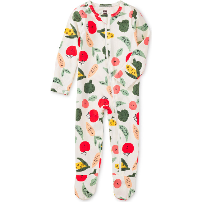 Printed Full Sleeve Zip Front Footed Romper, Eat Your Veggies
