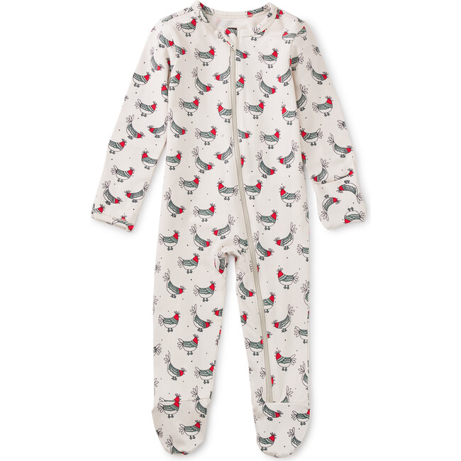 Printed Full Sleeve Zip Front Footed Romper, Chicken Feed