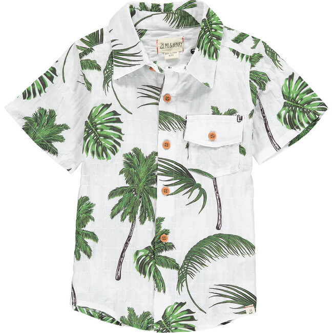 Palm Multi Print Short Sleeved Shirt, White And Sage - Shirts - 1