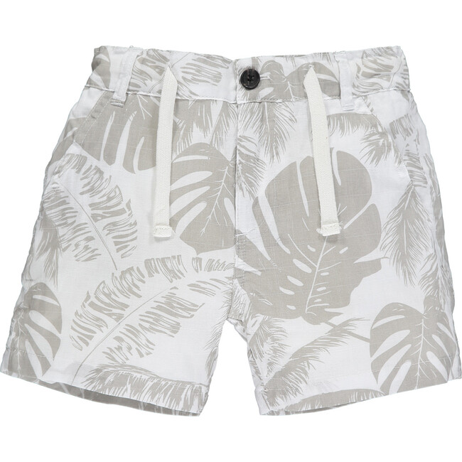 Palm Multi Print Shorts With Fake Tie Cord, White And Grey