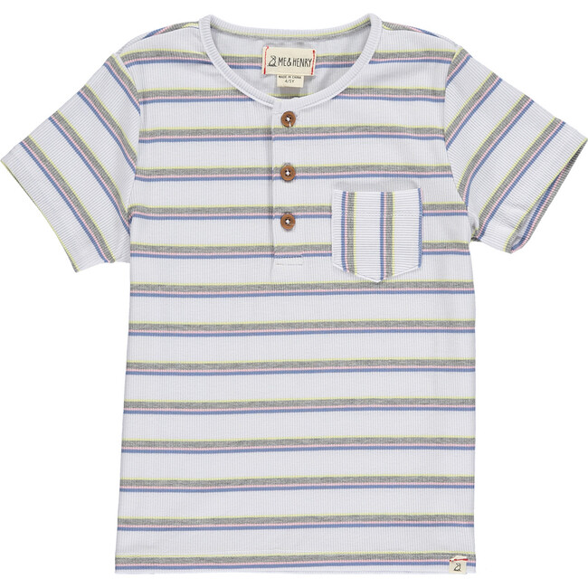Multi Stripe Short Sleeved Henley Tee, White And Multicolors - T-Shirts - 1