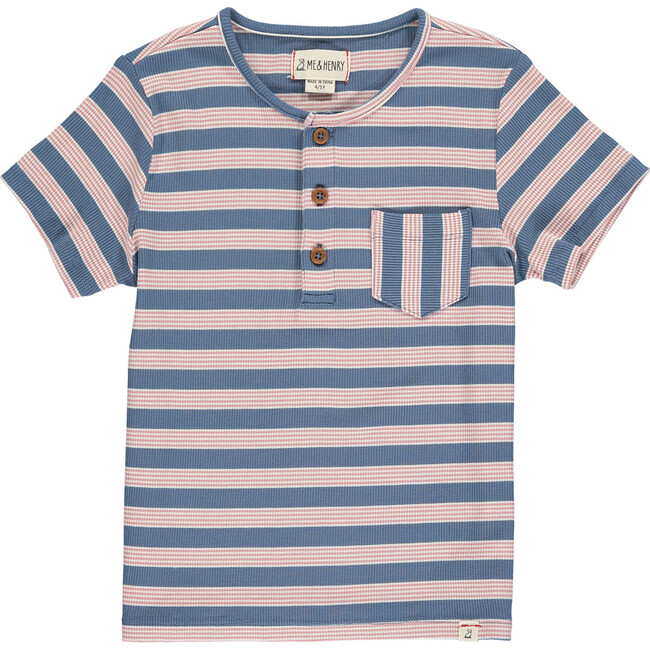 Multi Stripe Short Sleeved Henley Tee, Blue And Pink