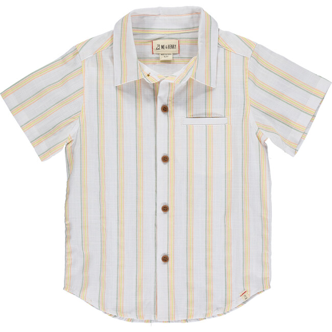 Stripe Short Sleeved Shirt, Sage, Gold And Orange - Shirts - 1