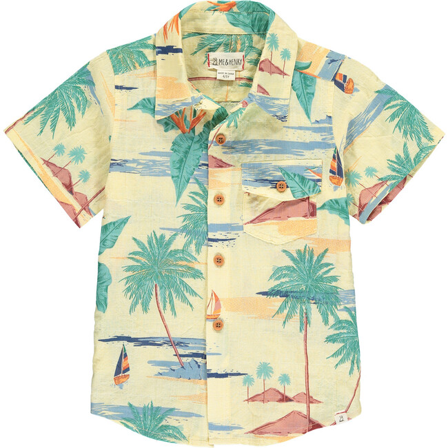 Hawaii Scene Print Short Sleeved Shirt, Yellow - Shirts - 1