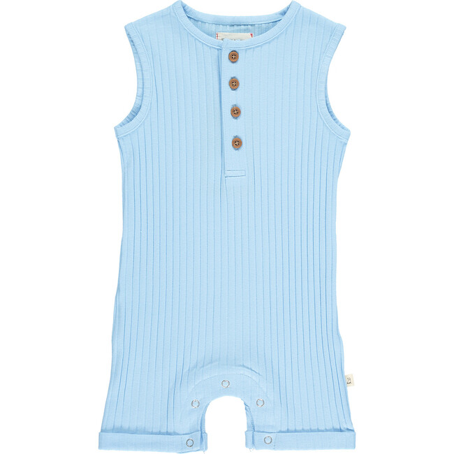 Sleeveless Ribbed Romper With Buttons, Blue