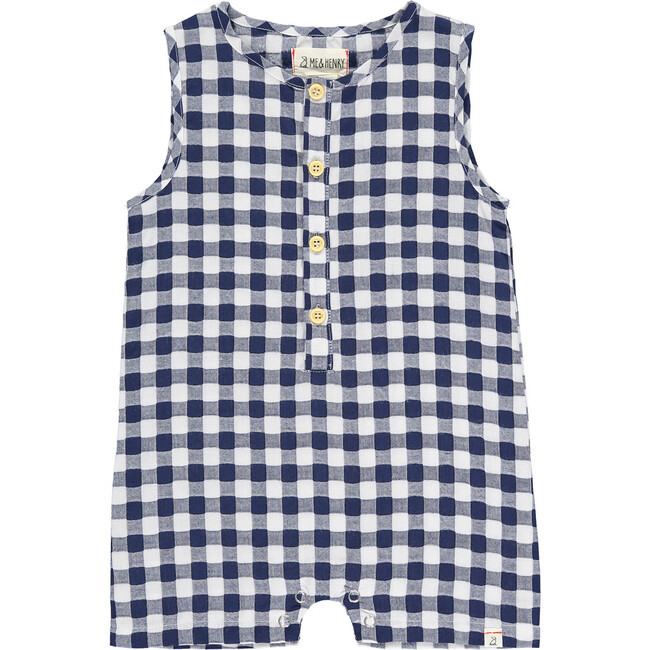 Plaid Sleeveless Woven Henley Playsuit, Sage And White