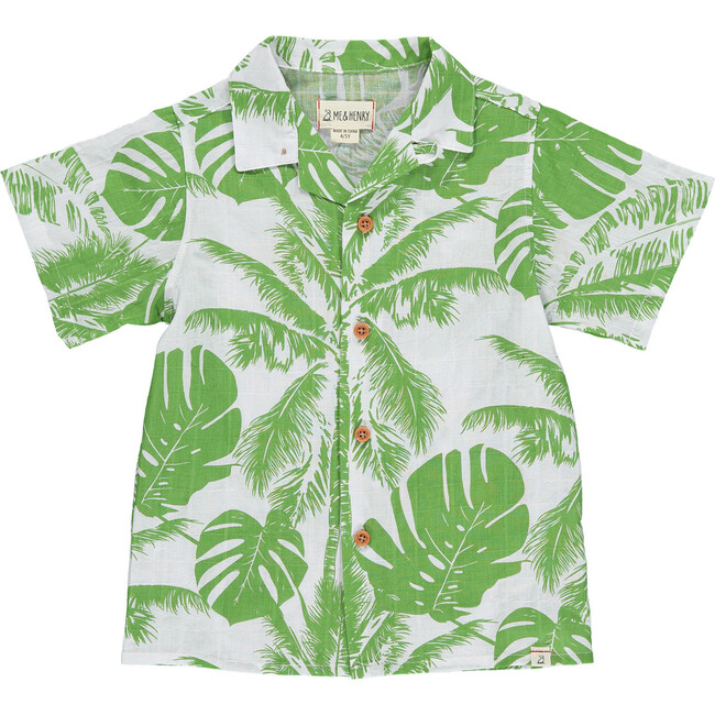 Palm Print Short Sleeved Shirt, White And Sage - Shirts - 1